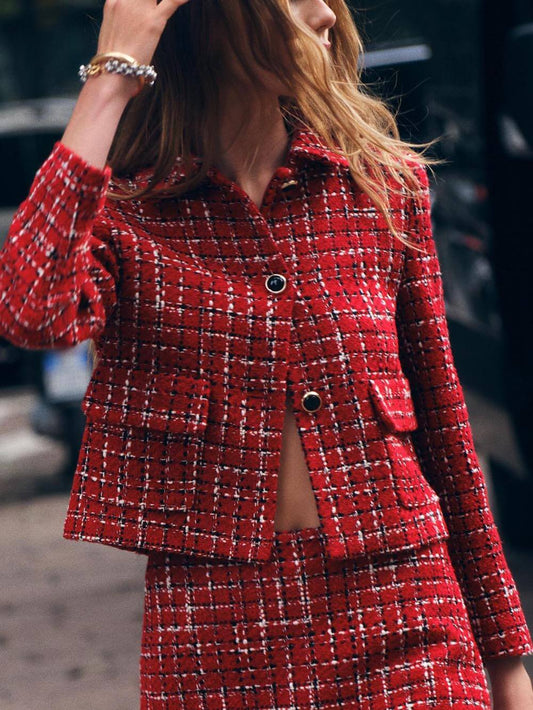 Elegant tweed geruit casual jasje met lange mouwen