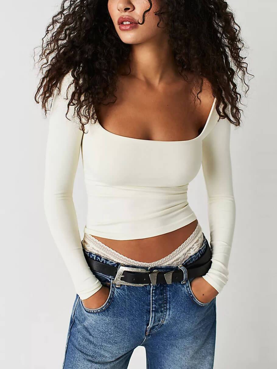 T-shirttop met lange mouwen en vierkante hals
