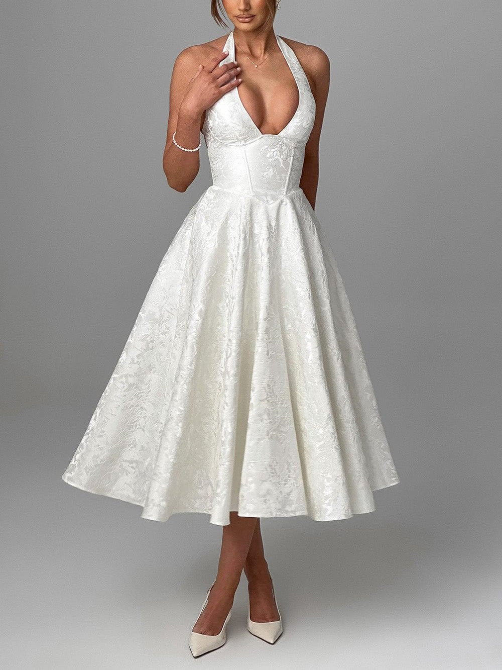 Vintage elegante jacquard V-hals halter midi-jurk