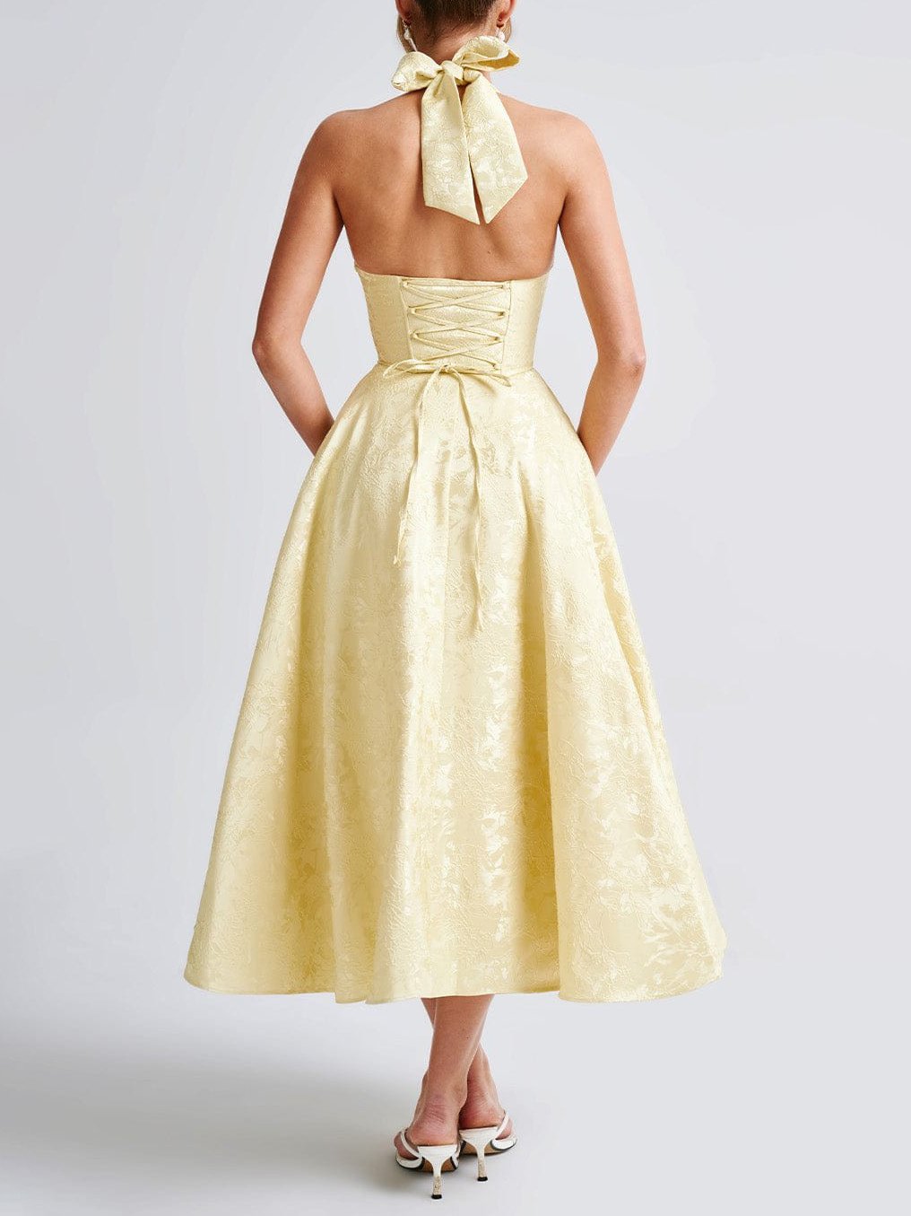 Vintage elegante jacquard V-hals halter midi-jurk