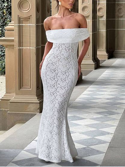 Elegante sexy gebloemde kanten fishtail maxi-jurk