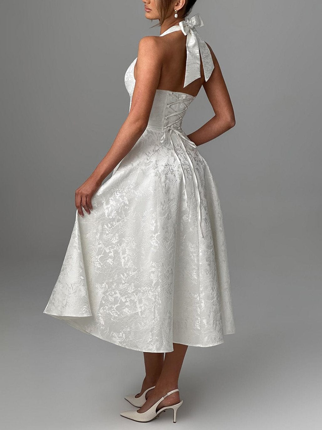 Vintage elegante jacquard V-hals halter midi-jurk