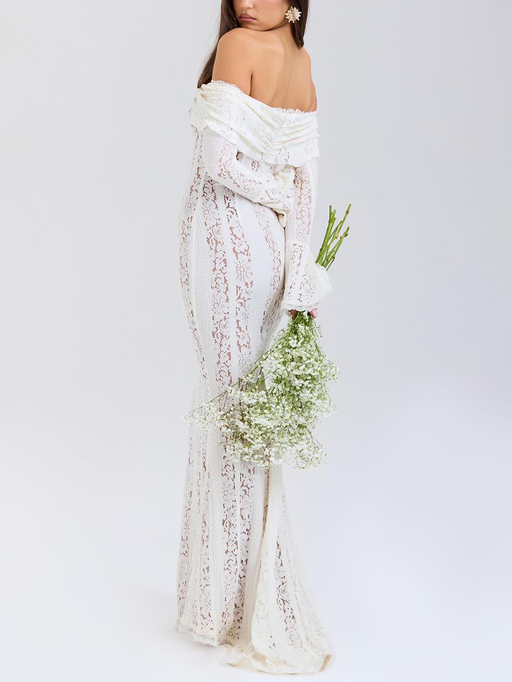 Elegante visstaart maxi-jurk met één schouder en kant