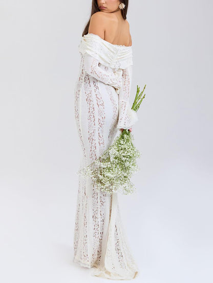 Elegante visstaart maxi-jurk met één schouder en kant