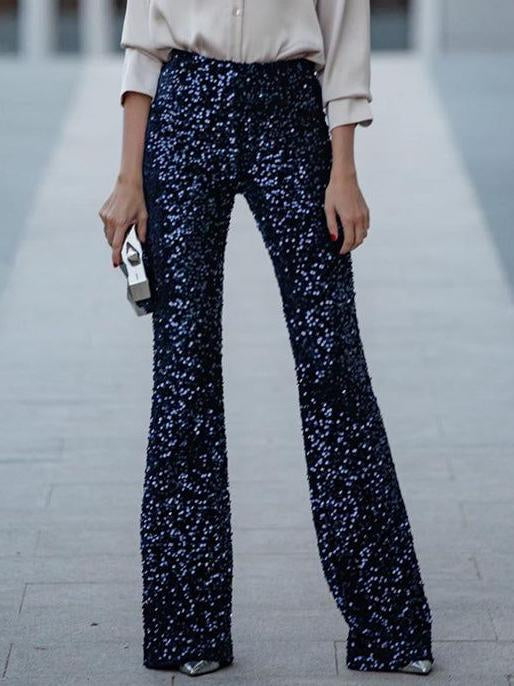 Elegante, met pailletten versierde, uitlopende broek