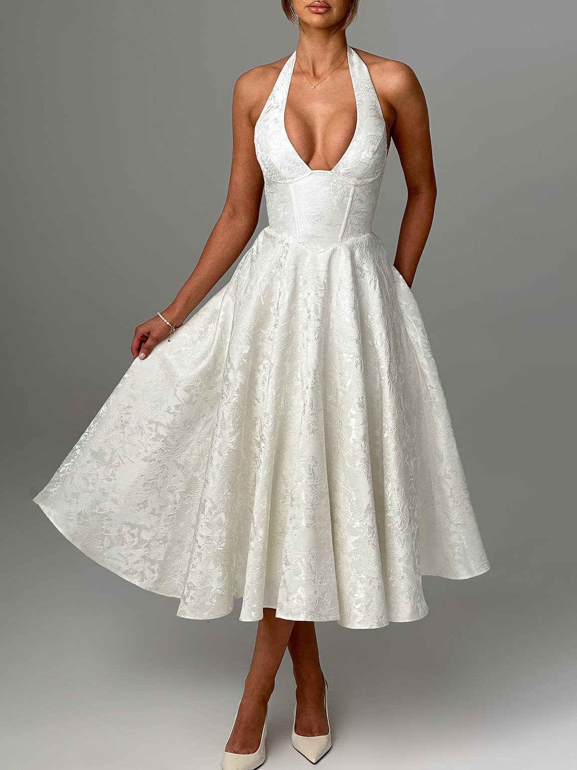 Vintage elegante jacquard V-hals halter midi-jurk