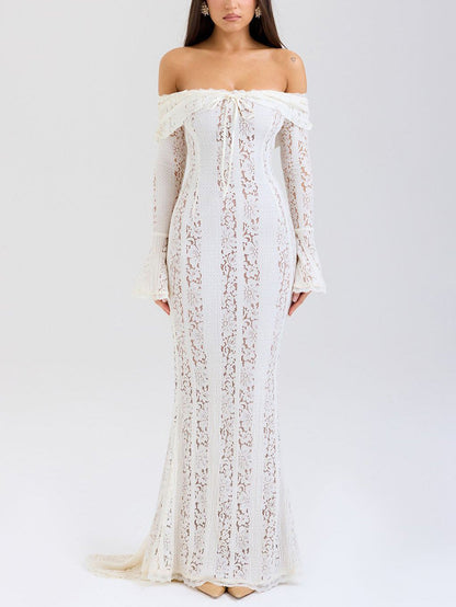 Elegante visstaart maxi-jurk met één schouder en kant
