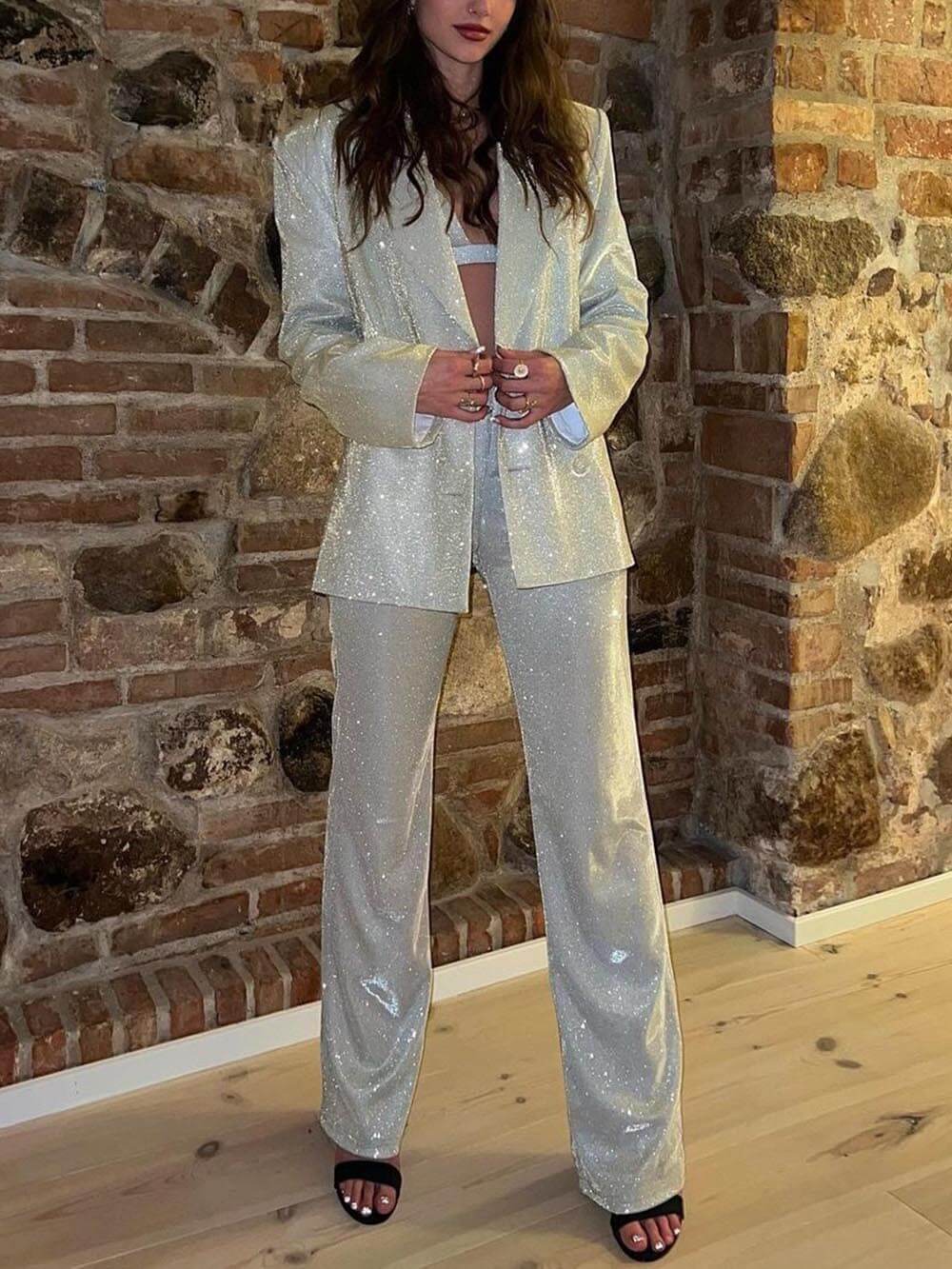 Klassieke mode los uitlopende rechte broek met lovertjes