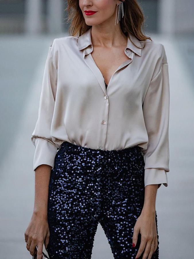 Elegante satijnen lange mouw losse blouse