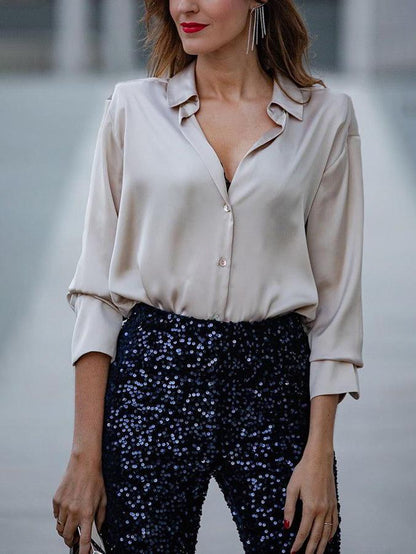 Elegante satijnen lange mouw losse blouse