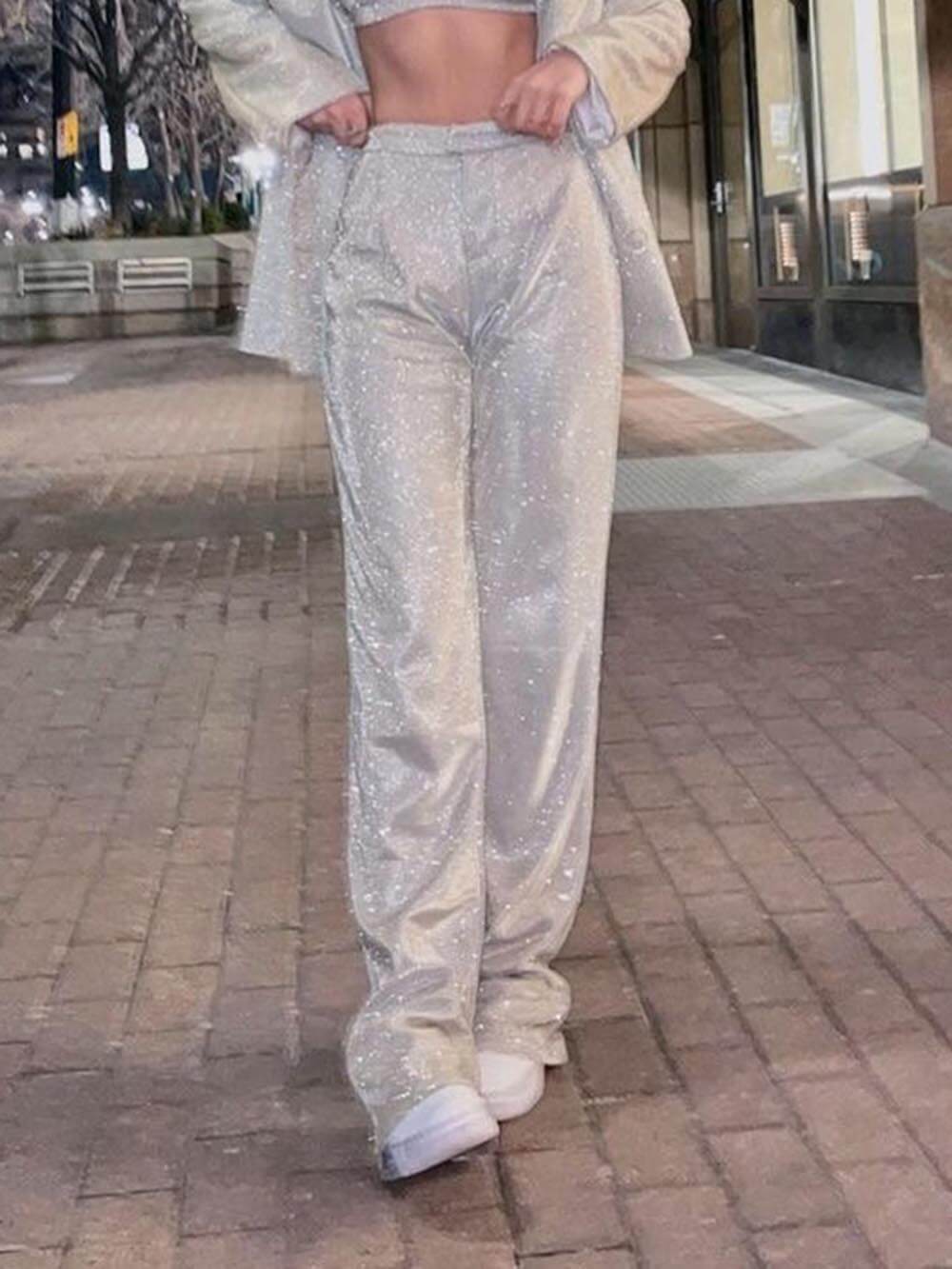 Klassieke mode los uitlopende rechte broek met lovertjes