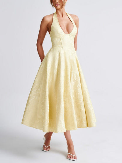 Vintage elegante jacquard V-hals halter midi-jurk