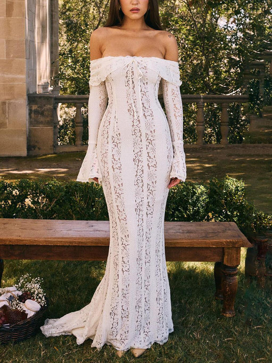 Elegante visstaart maxi-jurk met één schouder en kant