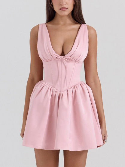 Elegante satijnen strik V-hals mini-jurk