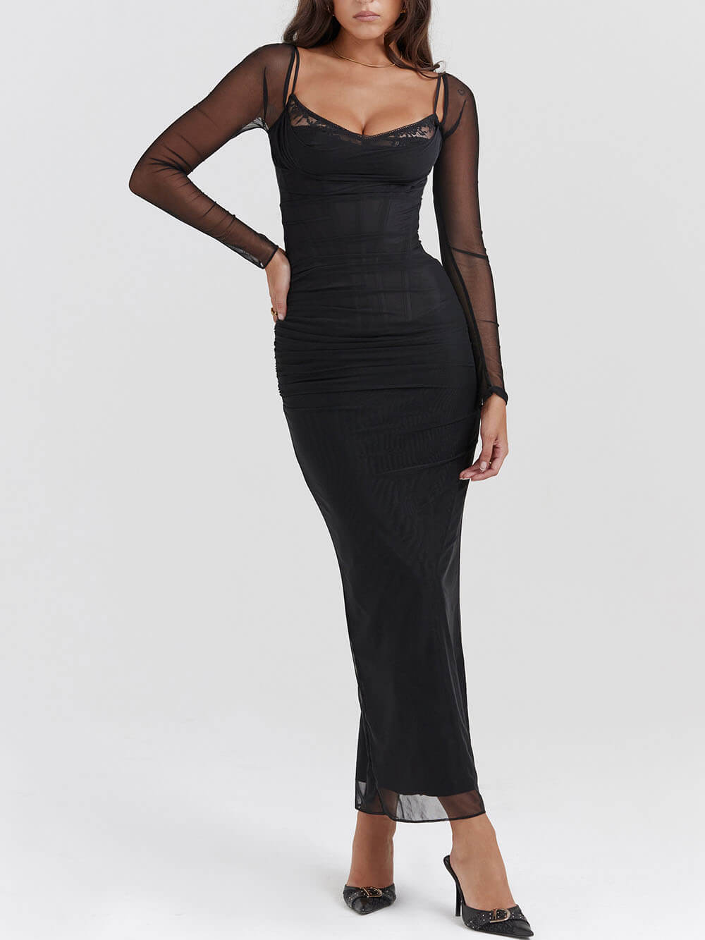 Zwarte backless bodycon jarretel maxi-jurk